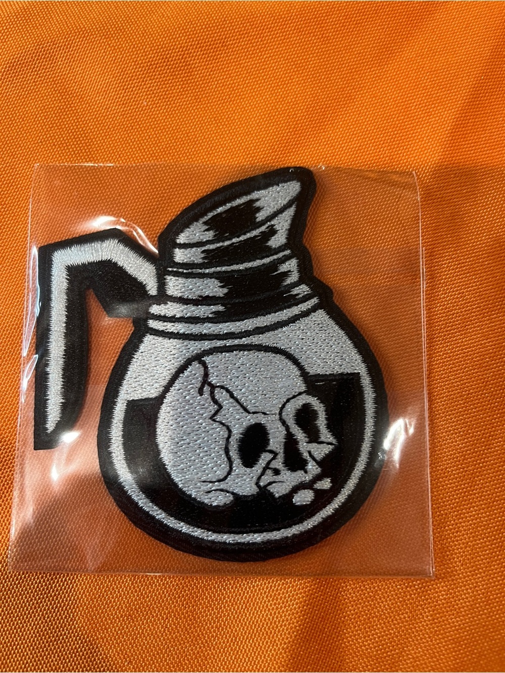 Skull Coffee Pot Iron-On Patch - Black & Silver